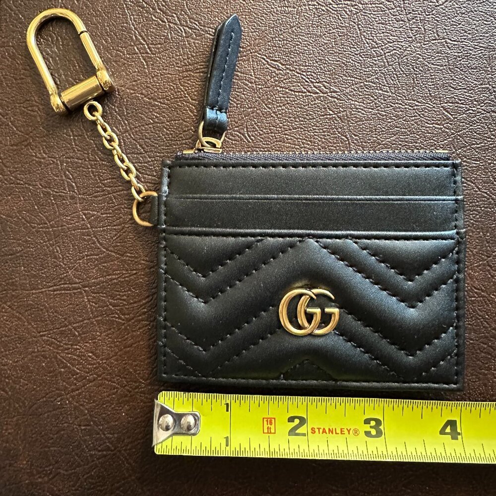 Designer Inspired Black Quilted Card Wallet with Gold Accents. Genuine Leather.